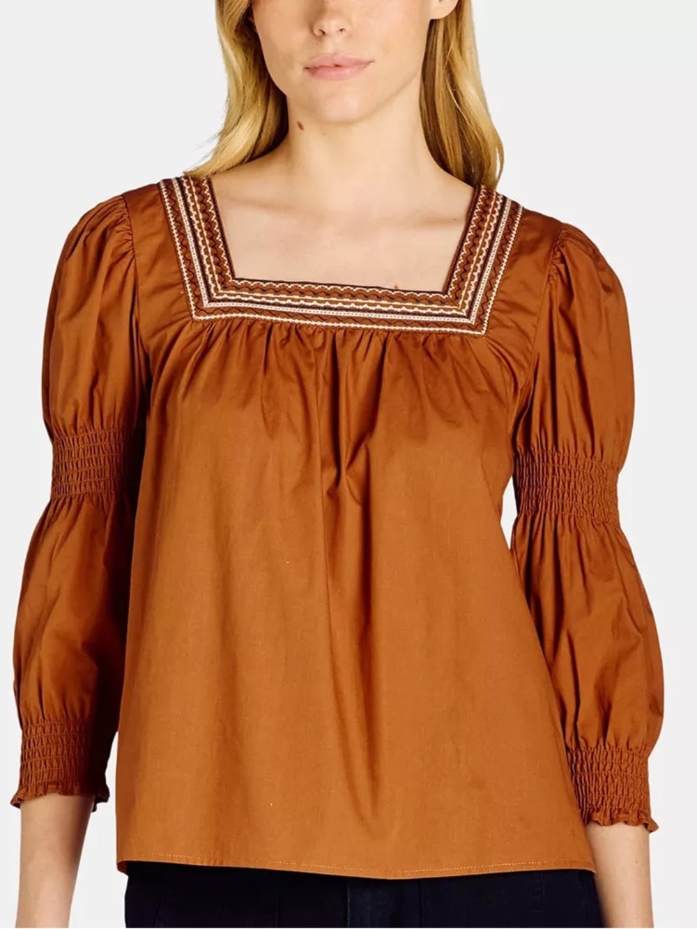 NWT The Pioneer Woman Embroidered Square Neck Blouse - Rust Cognac Peasant Top
